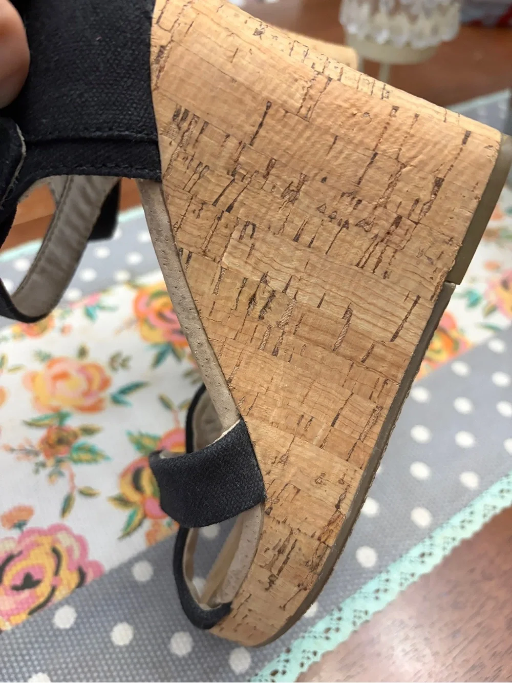 TOMS Black Cork Wedge Sandals with Ankle Strap